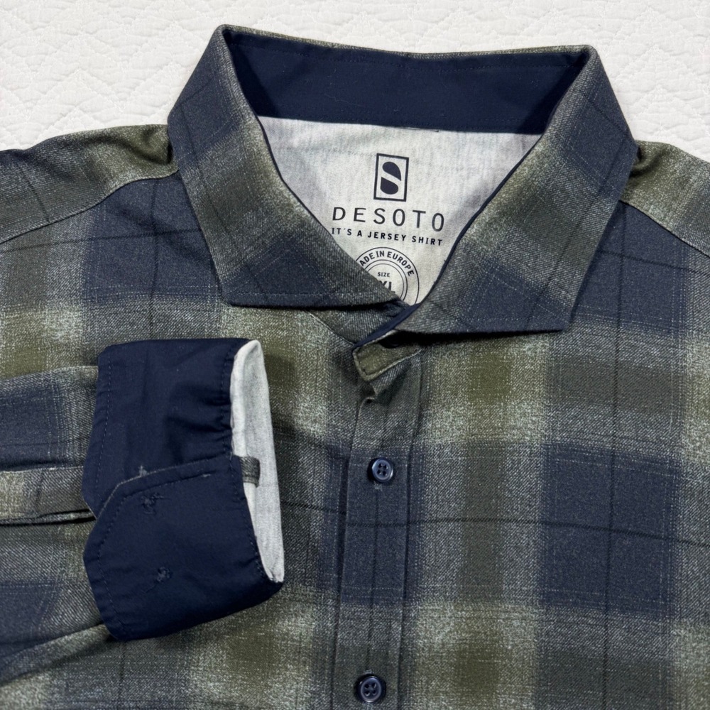 Desoto Jersey Shirt Men Long Sleeve 2XL Plaid Cotton Green Navy Europe Made NWOT